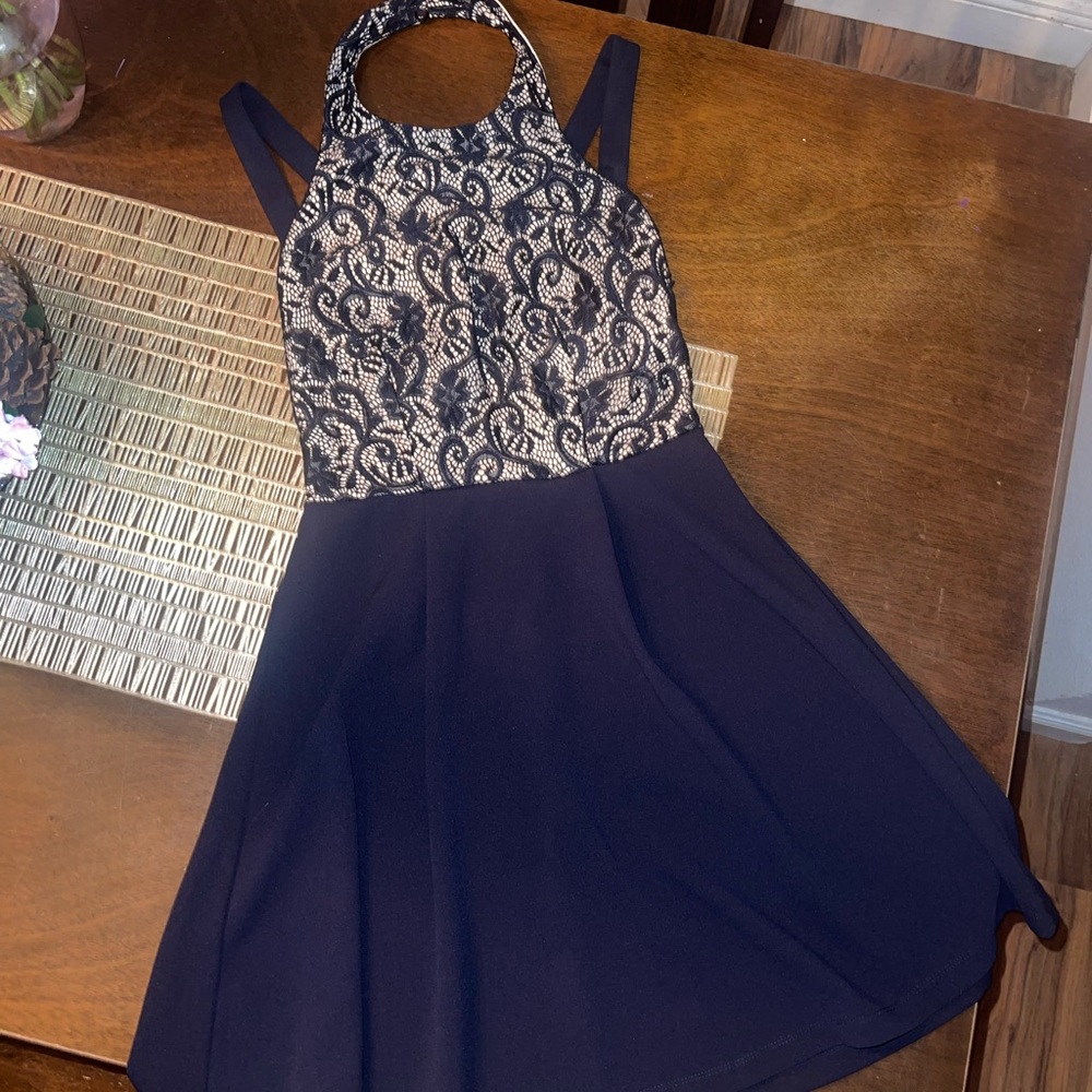 Elegant Navy and nude Lace Halter Dress with cross back